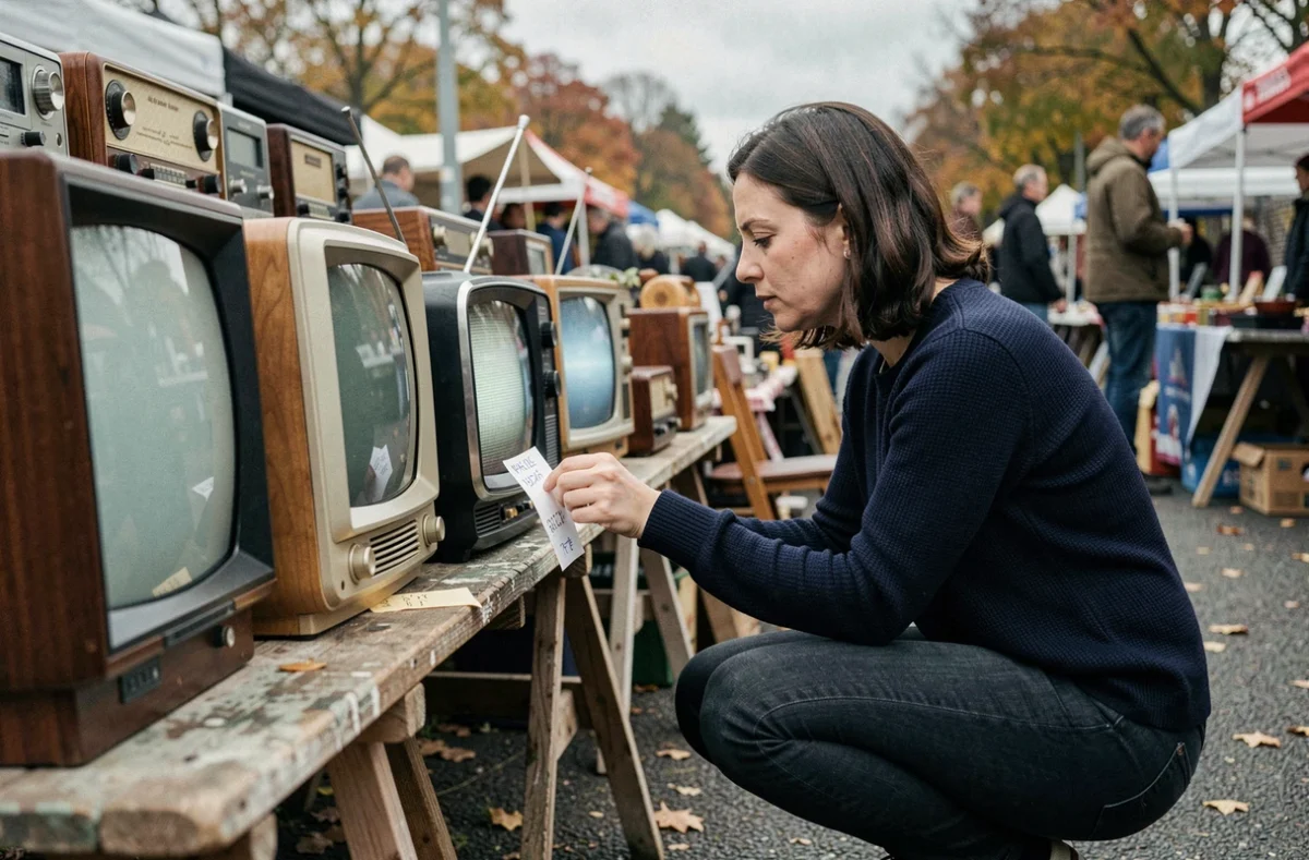 Une femme examine des téléviseurs vintage sur un stand de brocante en plein air lors d'un marché aux puces d'automne
