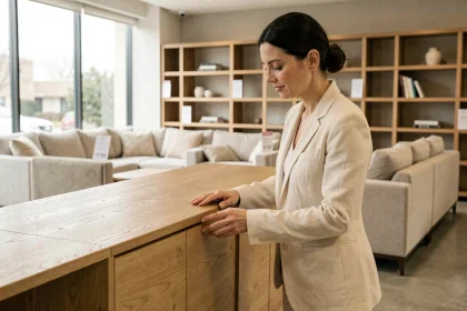 Cliente examinant un meuble en chêne massif dans un showroom de mobilier contemporain comparant la qualité artisanale