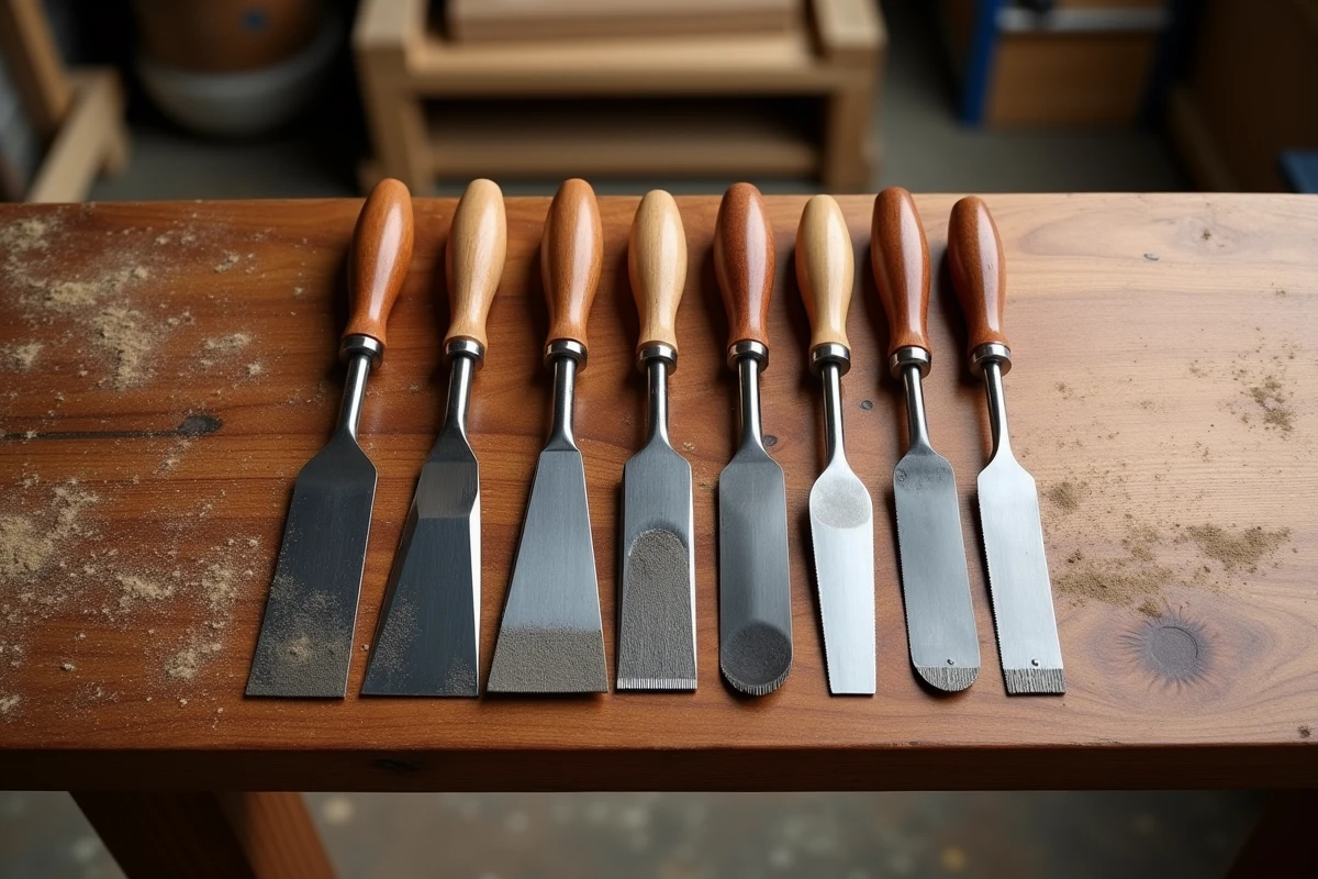 Collection de gouges à bois professionnelles pour lutherie et marqueterie disposées en éventail sur un établi en teck
