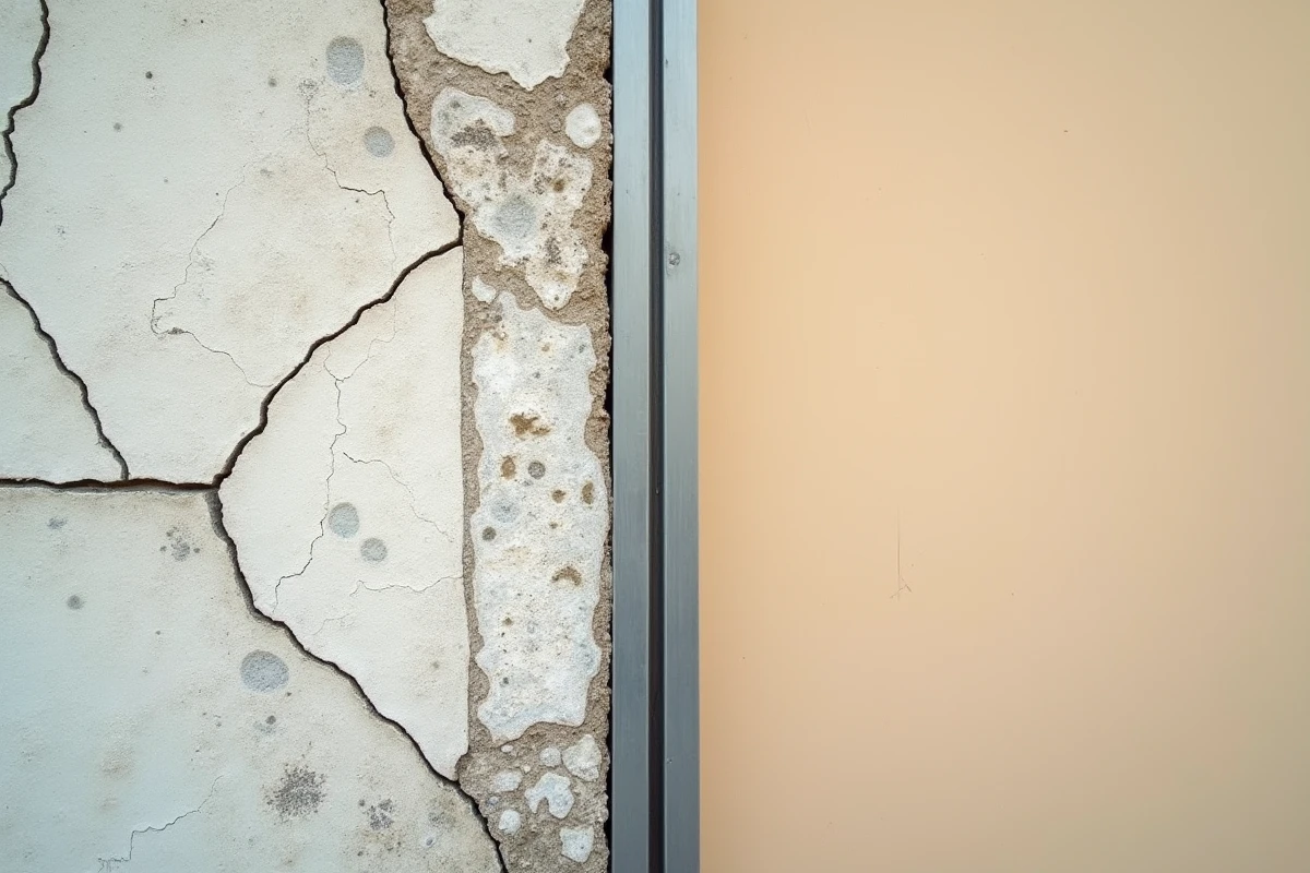 Comparaison avant-après d'une façade extérieure entre ancien enduit fissuré et nouveau revêtement lisse
