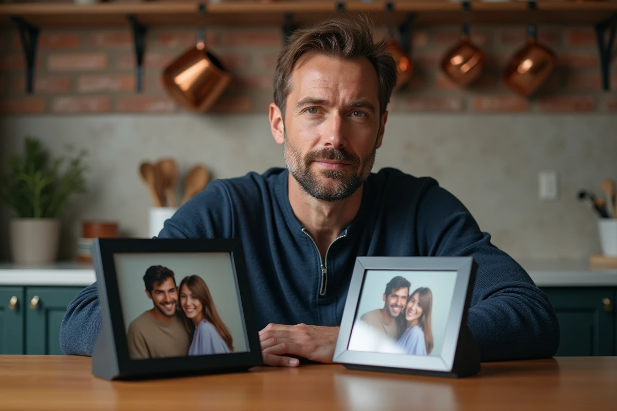 Homme comparant deux cadres photo connectés côte à côte sur une table de cuisine, évaluant la qualité des écrans