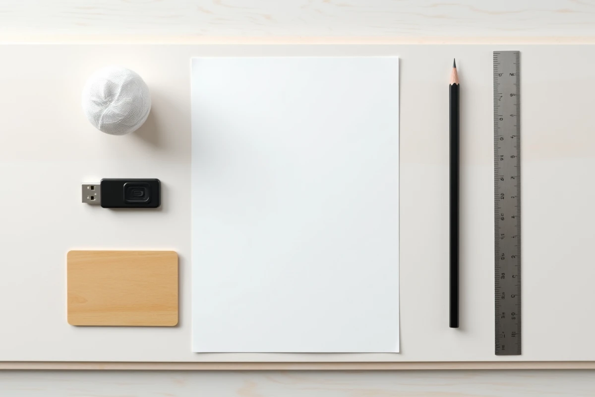 Vue de dessus d'objets courants disposés sur une surface en bouleau blanc pour illustrer les dimensions standard — feuille A4, carte bancaire, règle métallique et crayon