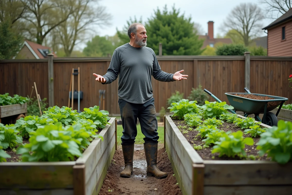 Jardinier comparant deux carrés surélevés, l'un drainé avec du gravier, l'autre gorgé d'eau