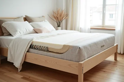 Comparaison côte à côte d'un matelas à ressorts et d'un matelas en mousse dans une chambre scandinave épurée