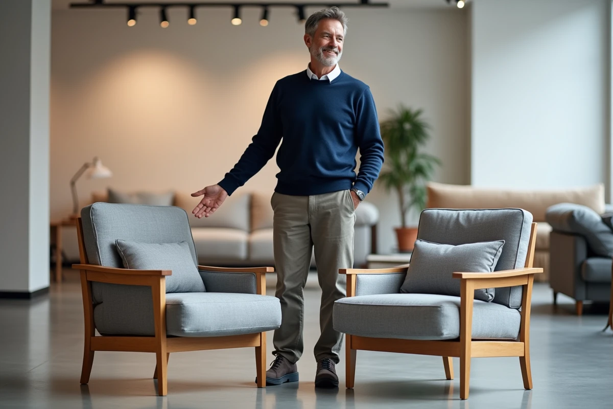 Homme comparant deux fauteuils de tailles différentes dans un showroom de meubles pour trouver le bon format