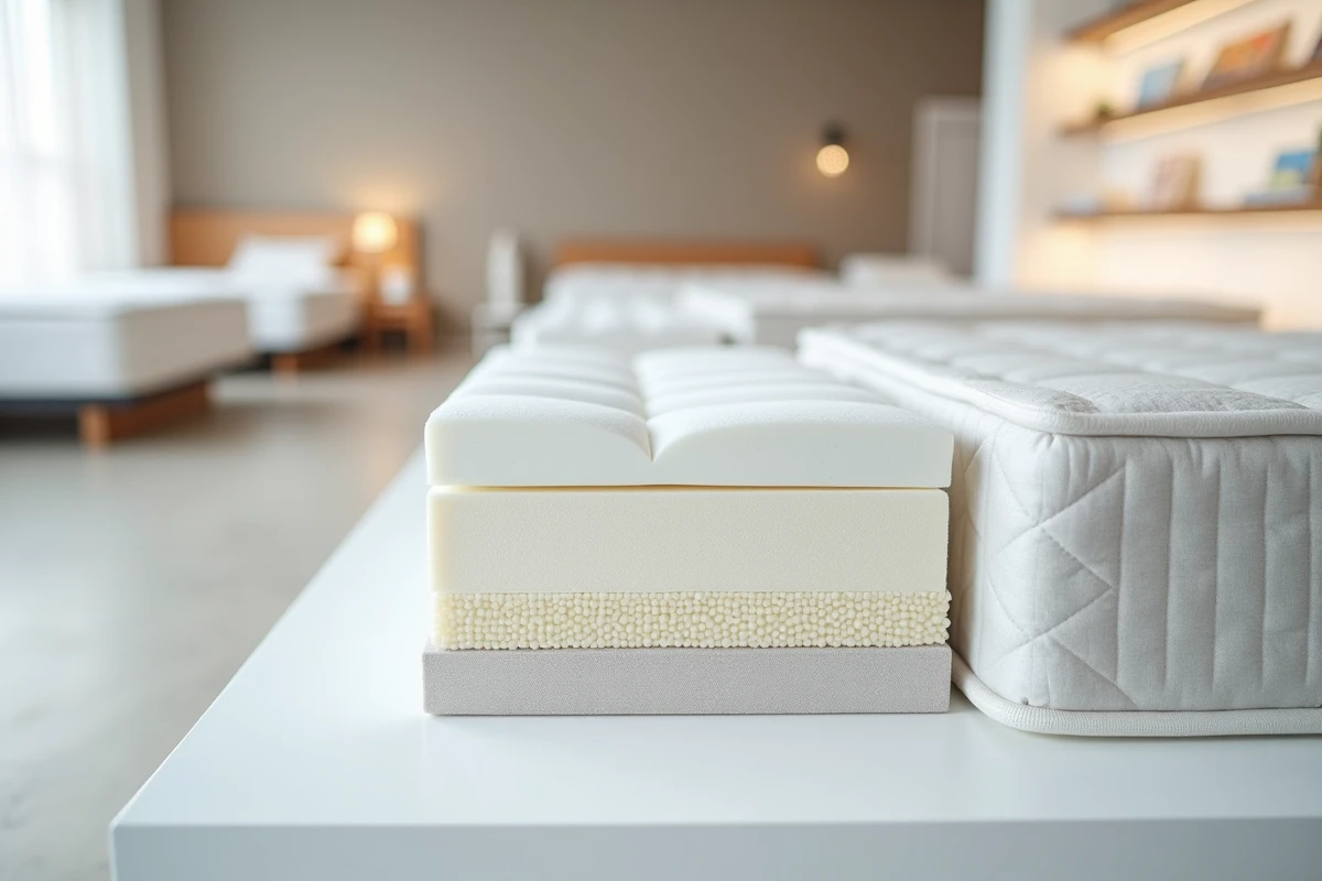 Comparaison en coupe de trois types de matelas différents en mousse à mémoire, latex et ressorts ensachés pour choisir le meilleur soutien lombaire