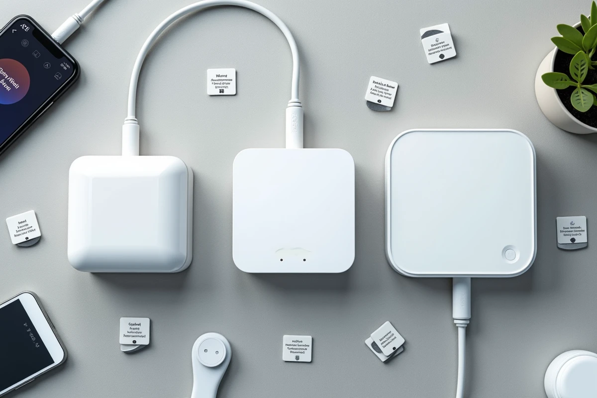Comparatif de trois box domotique différentes posées sur une surface en béton avec accessoires
