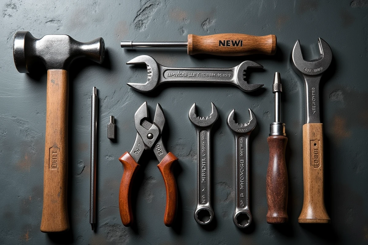 Sélection d'outils à main professionnels de qualité disposés en flat lay sur béton, comparatif de marques d'outillage