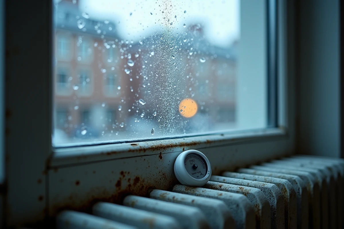 Condensation sur une fenêtre avec radiateur et hygromètre mesurant le taux d'humidité