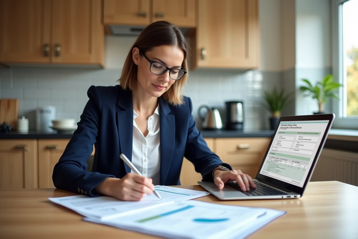 Conseillère en performance énergétique analysant les résultats d'un audit de maison sur des documents et un ordinateur portable