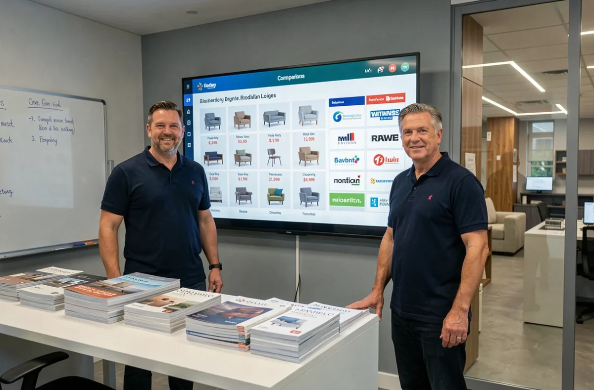 Deux conseillers en mobilier analysant un tableau comparatif de marques concurrentes sur écran numérique dans un bureau de showroom