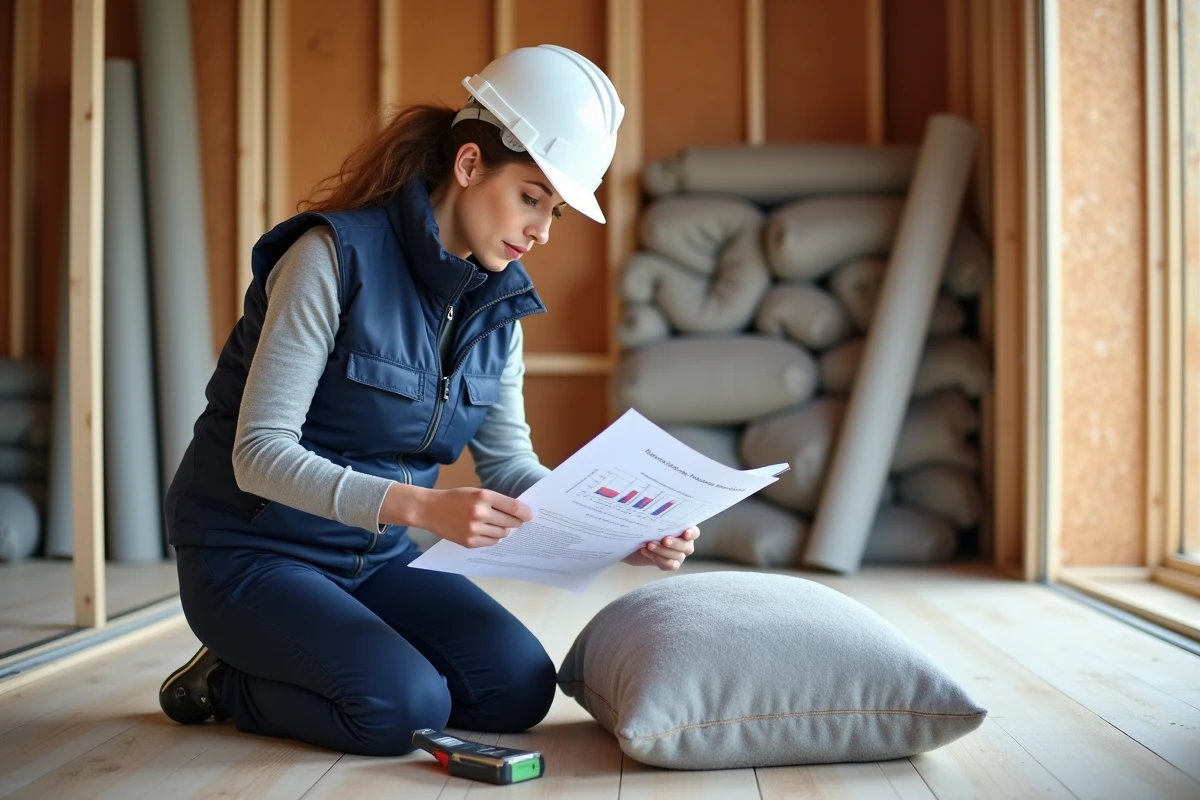 Consultante en isolation examinant une fiche technique de ouate de cellulose dans un chantier de rénovation