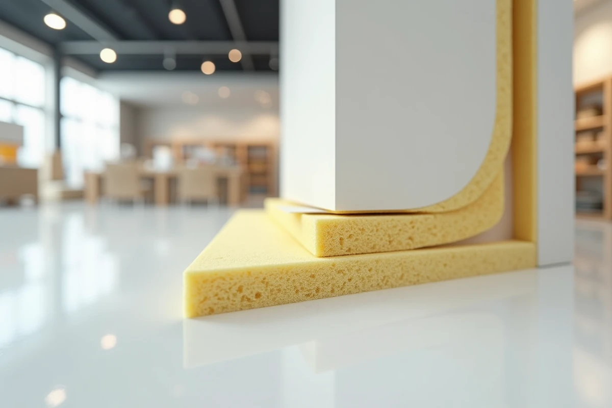 Coupe transversale d'un mur intérieur révélant les différentes couches d'isolation thermique dont la laine de verre et le pare-vapeur