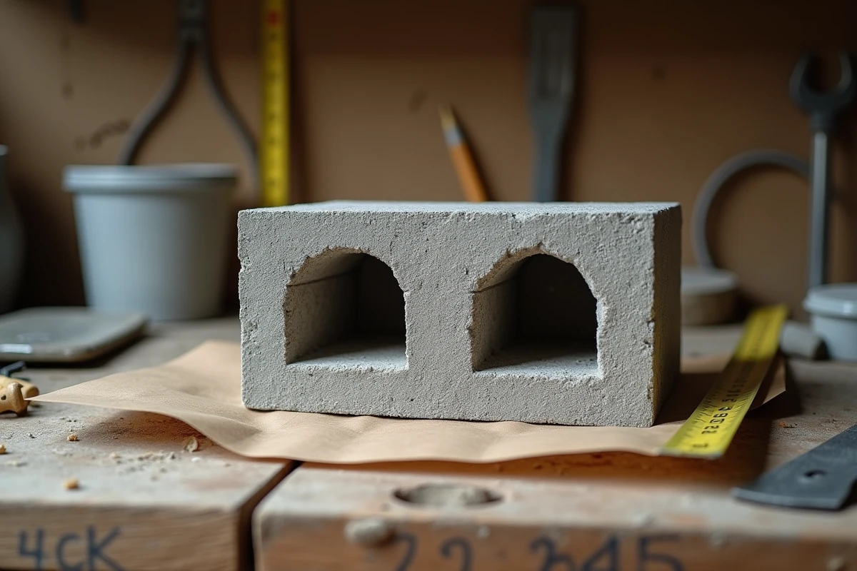 Coupe transversale d'un parpaing de 20 cm montrant les alvéoles et l'épaisseur standard du bloc béton
