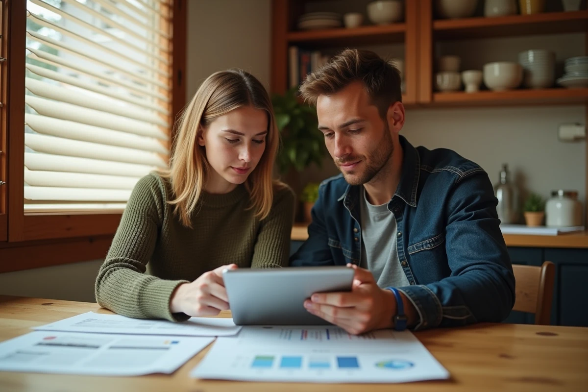 Couple étudiant le coût et le retour sur investissement d'une installation de volets roulants dans leur cuisine