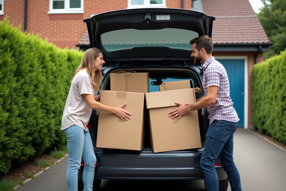 Couple chargeant de grands cartons démontés dans le coffre d'une voiture pour les déposer en déchetterie