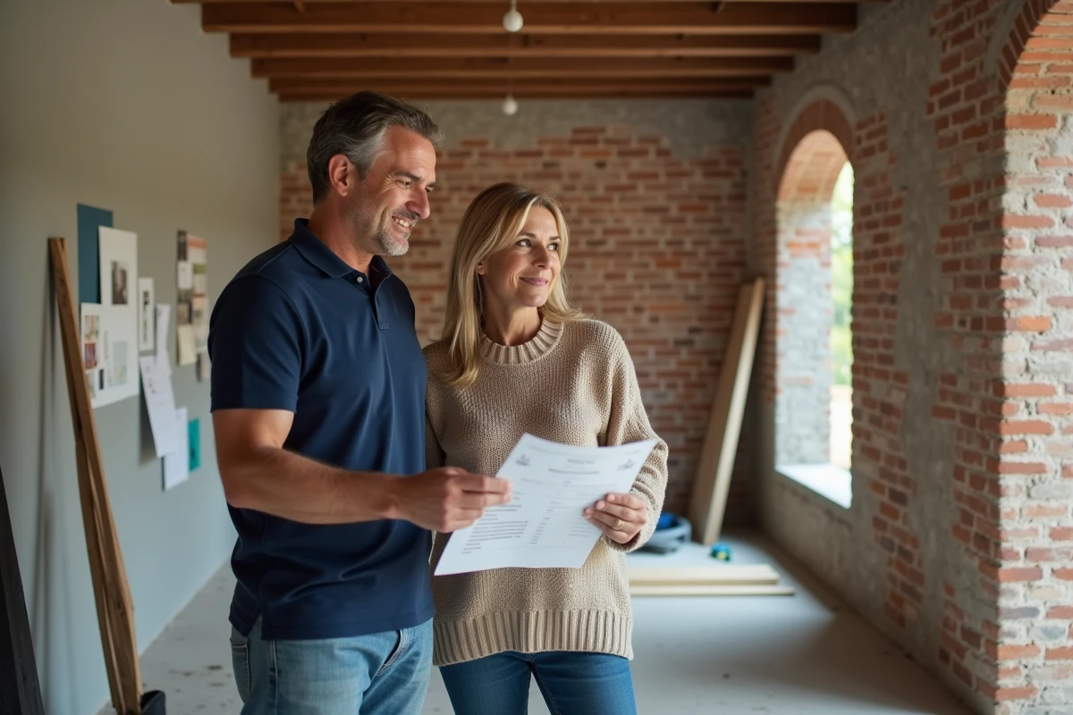 Couple examinant un devis de travaux dans une pièce en cours de rénovation avec murs en briques apparentes