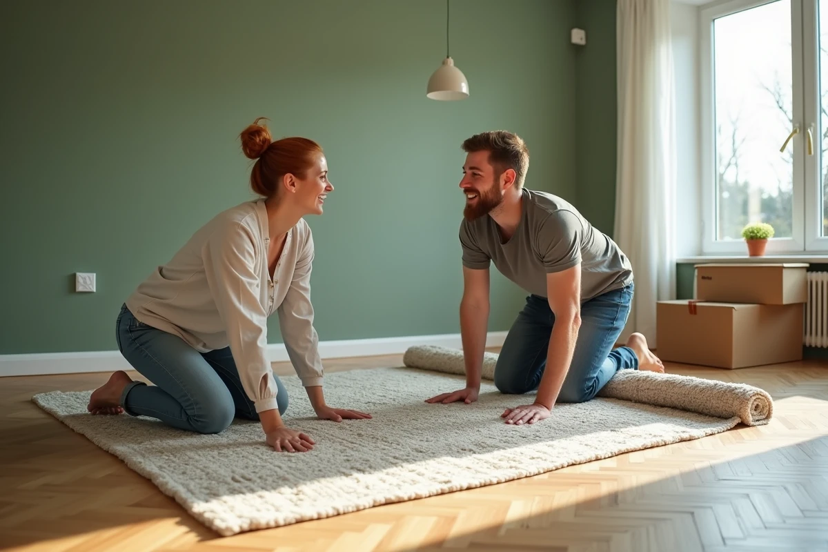 Couple installant un tapis dans le salon vide de leur nouvelle maison après un déménagement