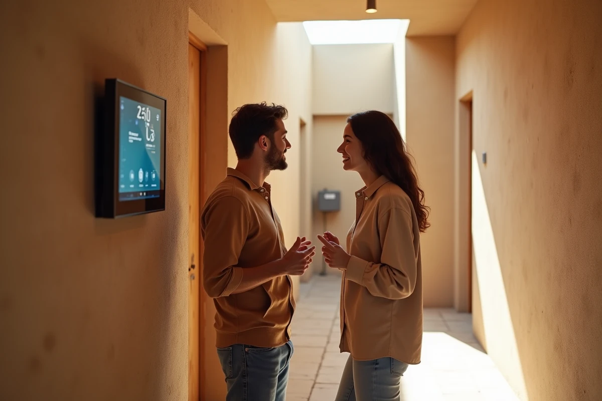 Couple consultant un tableau de bord de consommation d'eau dans un couloir en pisé d'une maison bioclimatique