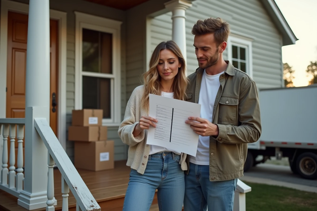 Couple consultant un calendrier de déménagement devant leur maison avec un camion de déménagement dans l'allée