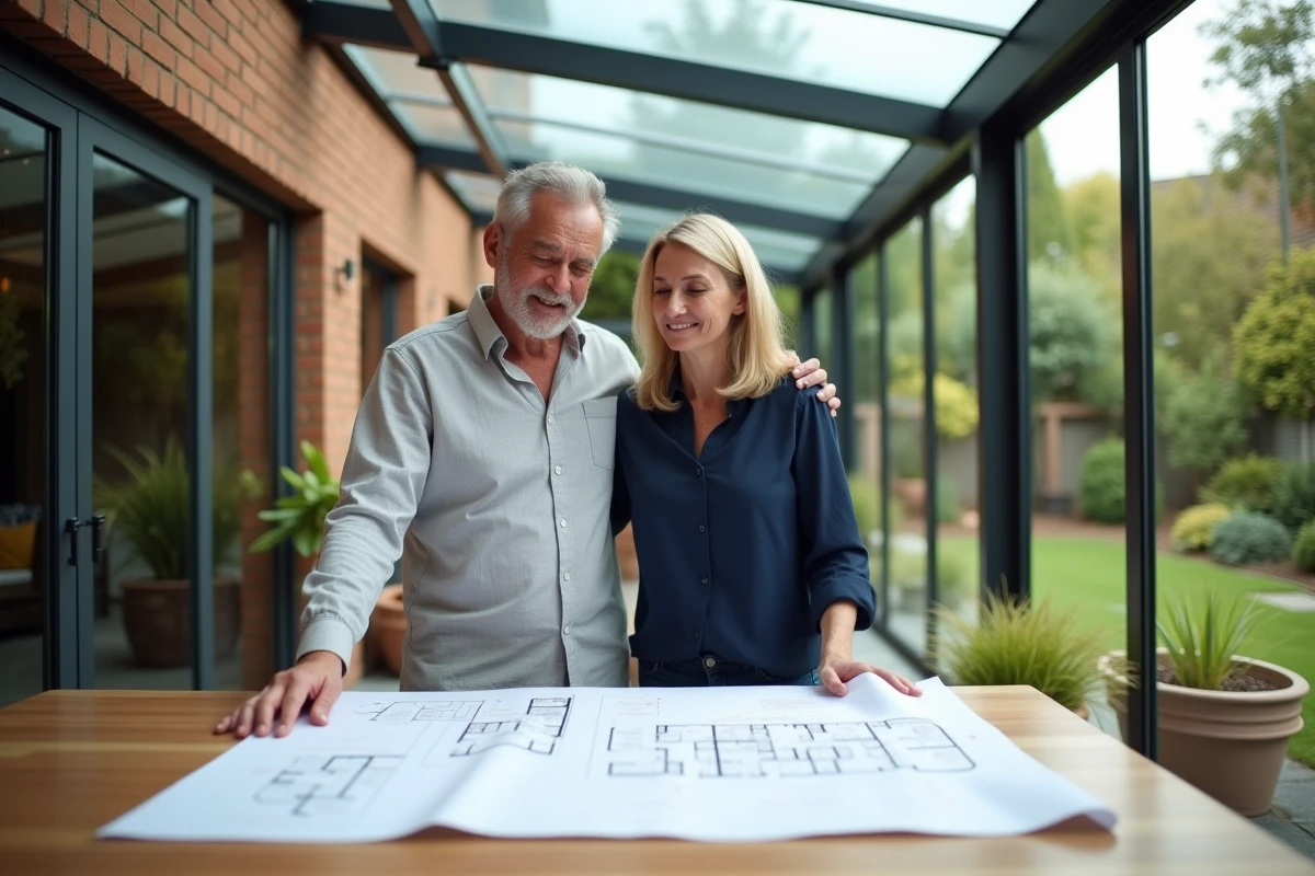 Couple examinant des plans d'architecte dans une véranda moderne attenante à leur maison