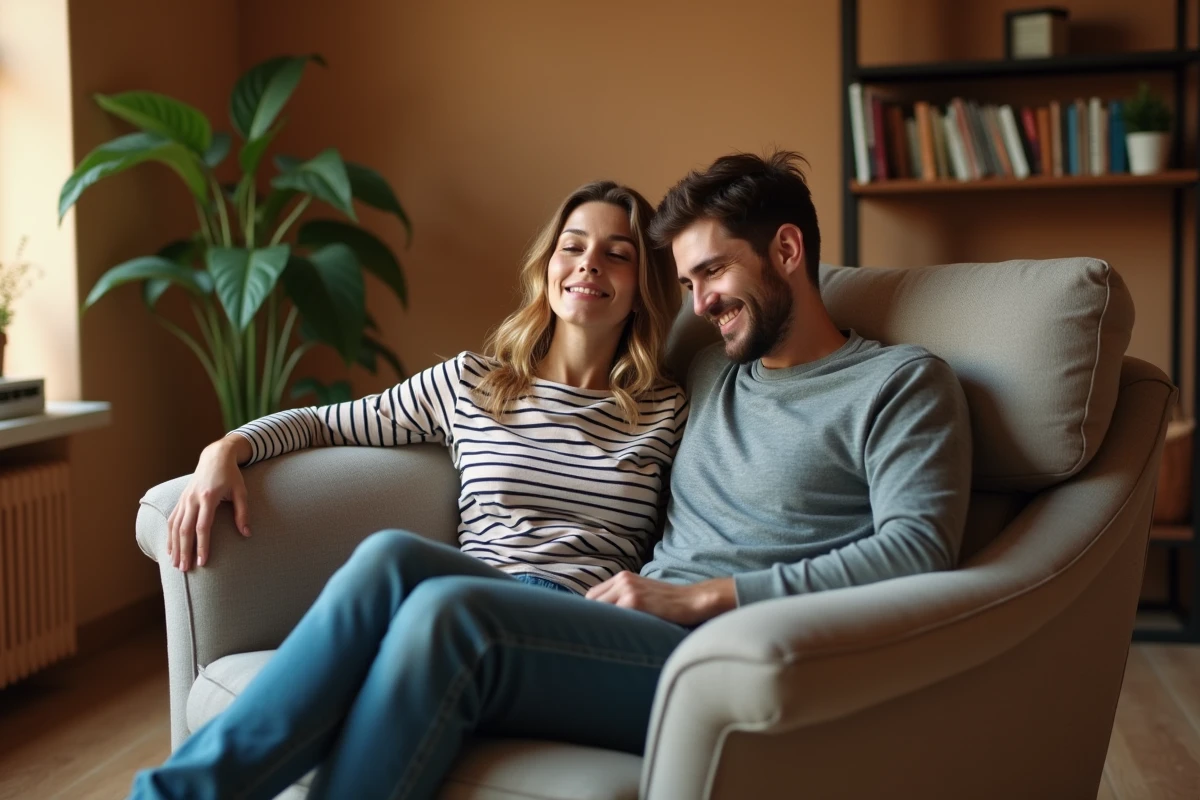 Couple assis dans un grand fauteuil confortable pour tester la taille et le confort dans un appartement moderne