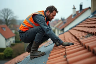 Couvreur professionnel accroupi sur un toit en tuiles de maison individuelle lors d'une inspection de sécurité