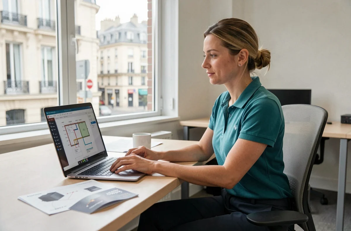 Conseillère en énergie de Cozynergy analysant un plan de rénovation thermique avec pompe à chaleur
