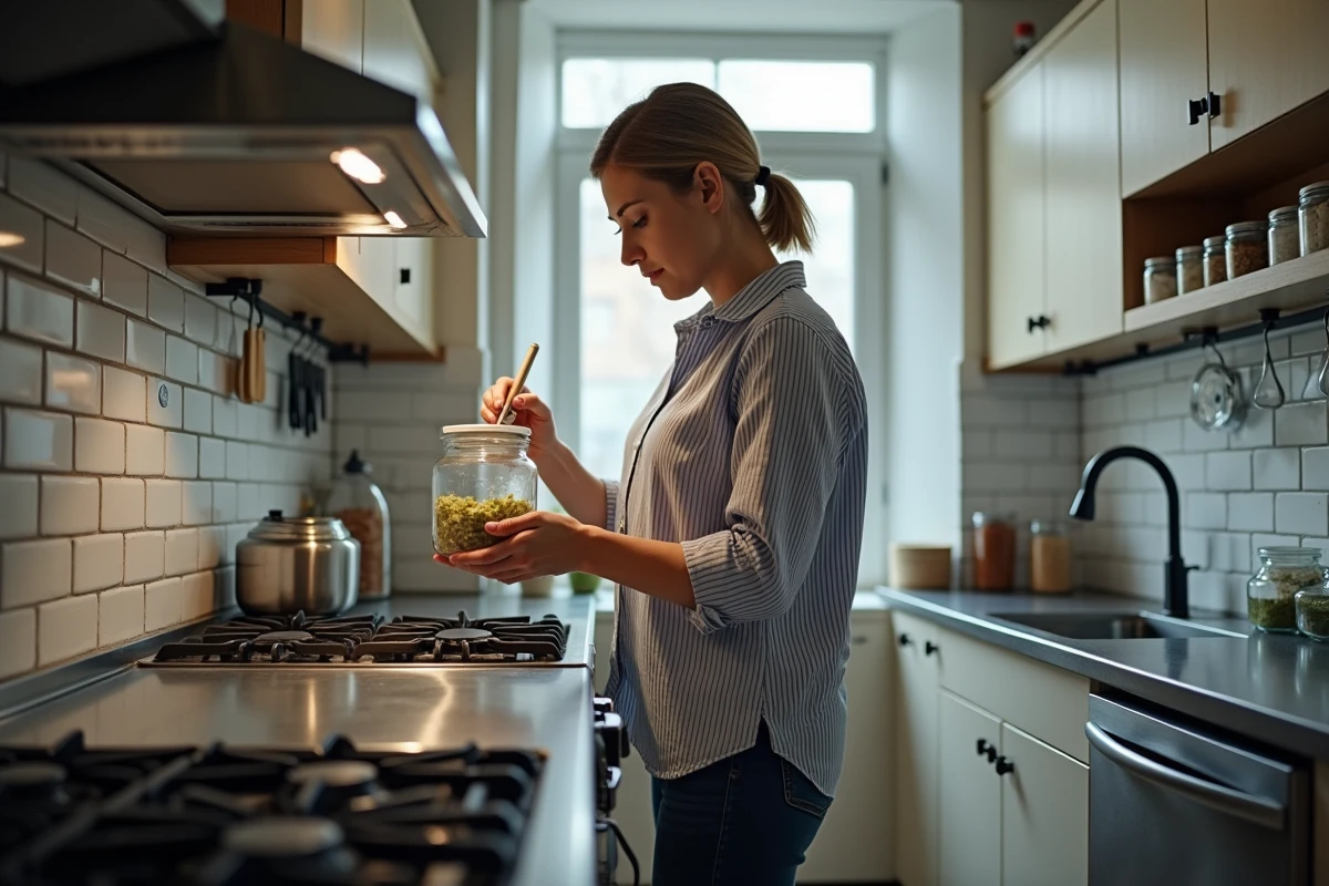 Femme organisant des bocaux étiquetés dans une petite cuisine en couloir optimisée avec rangements muraux