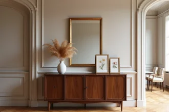 Mur au-dessus d'un buffet en noyer décoré d'un miroir vintage et de gravures botaniques dans un appartement parisien