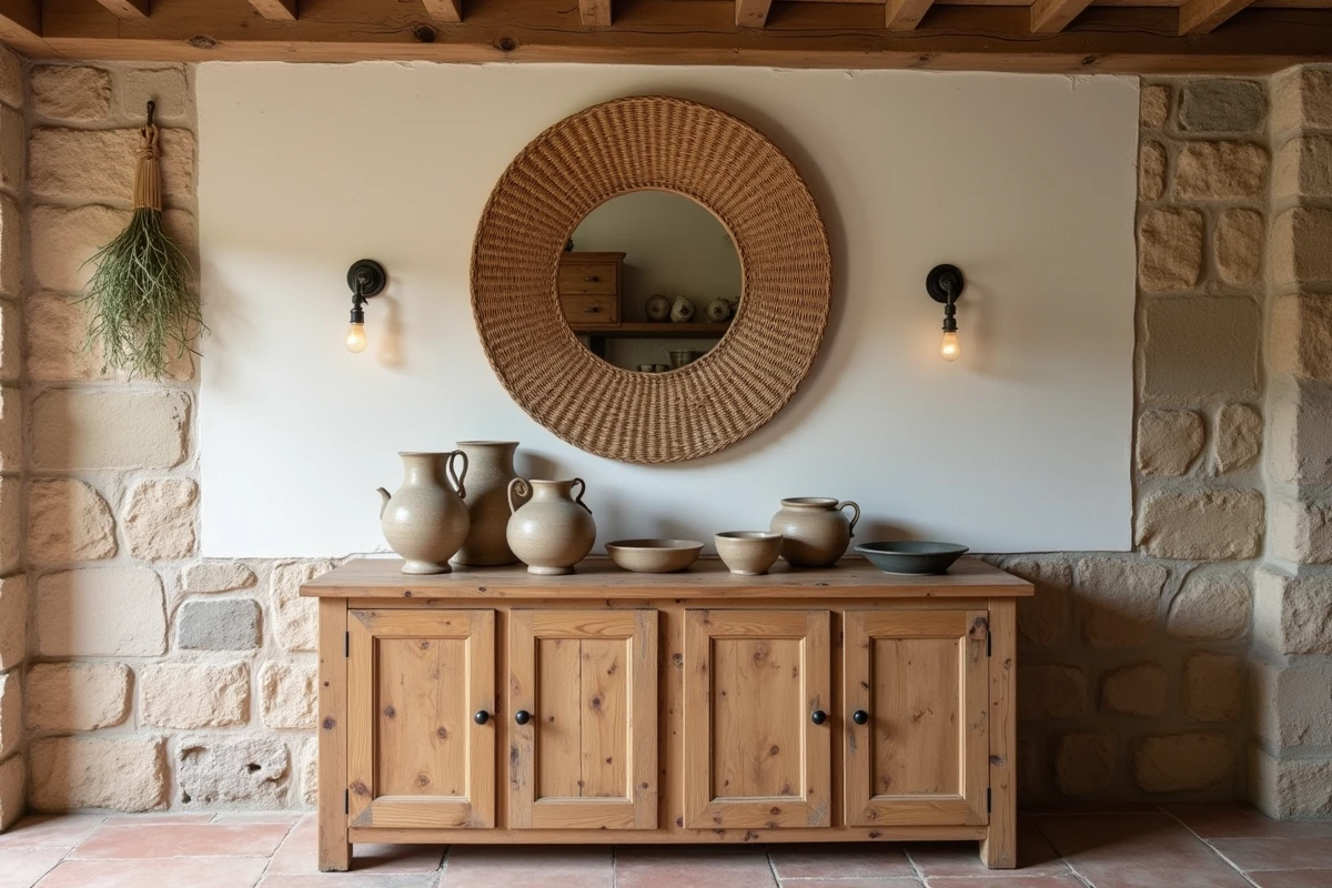 Miroir en rotin et poteries artisanales au-dessus d'un buffet en bois recyclé dans une cuisine campagne française