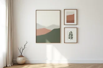 Décoration murale avec galerie de cadres et tableau abstrait dans un salon minimaliste