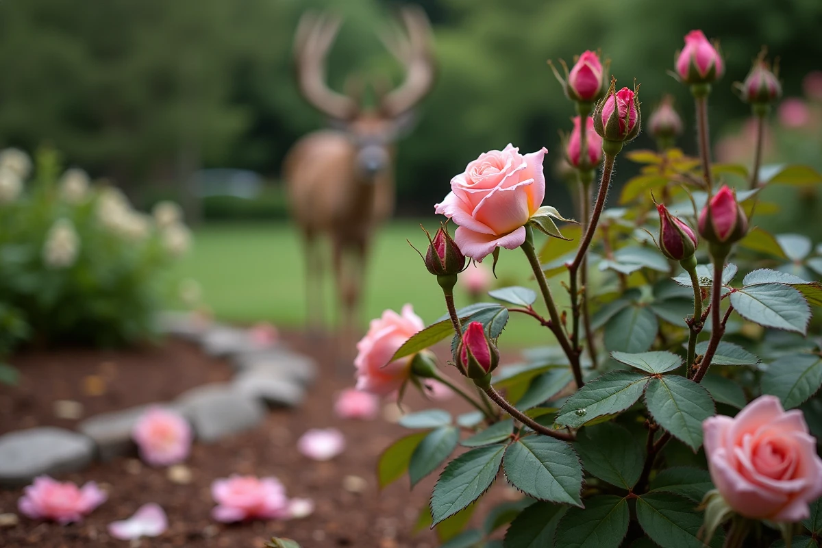 Rosier endommagé par un cerf avec des tiges arrachées dans un parterre de jardin