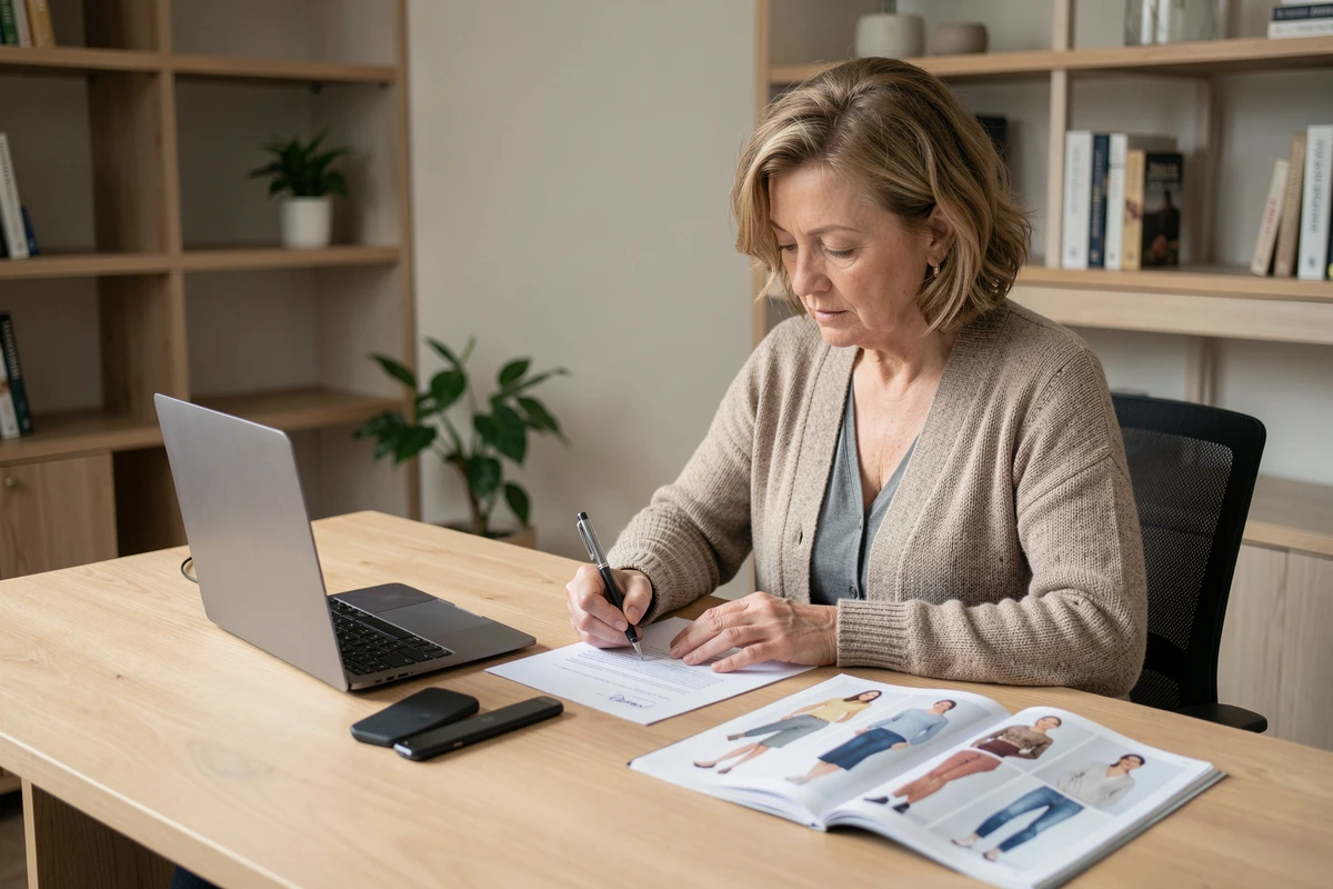 Femme remplissant un formulaire pour recevoir le catalogue Blancheporte à domicile