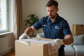 Déménageur professionnel emballant des cartons avec soin dans un appartement parisien