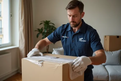 Déménageur professionnel emballant des cartons avec soin dans un appartement parisien