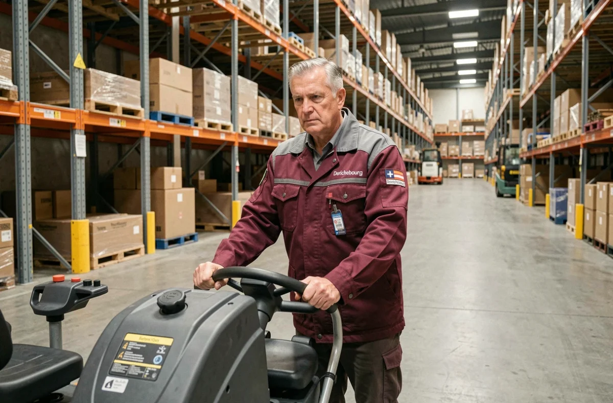 Technicien Derichebourg Multiservices en veste bordeaux opérant une machine de nettoyage de sol dans un entrepôt logistique près de Roissy
