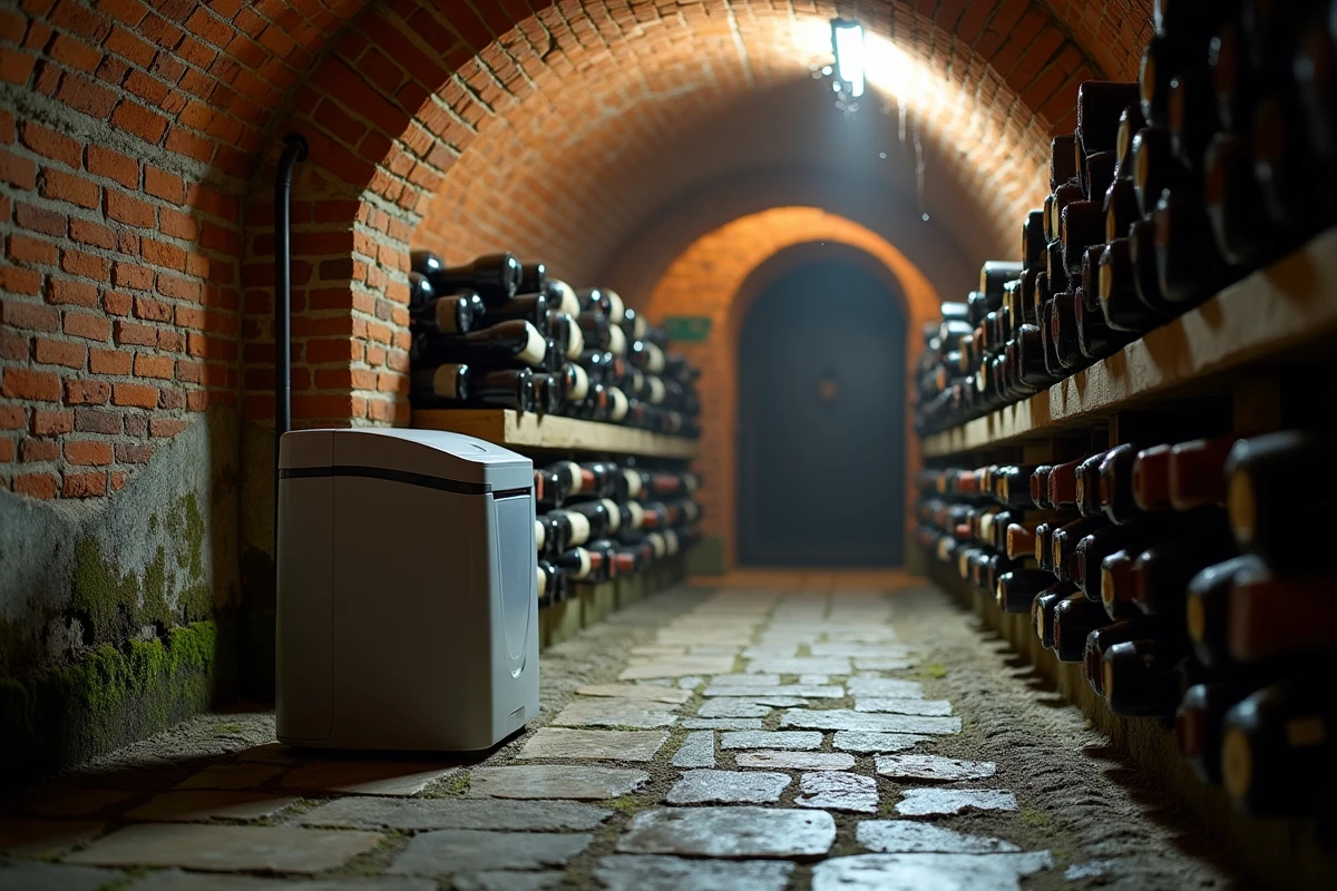 Déshumidificateur électrique posé dans une cave à vin voûtée pour réduire l'humidité