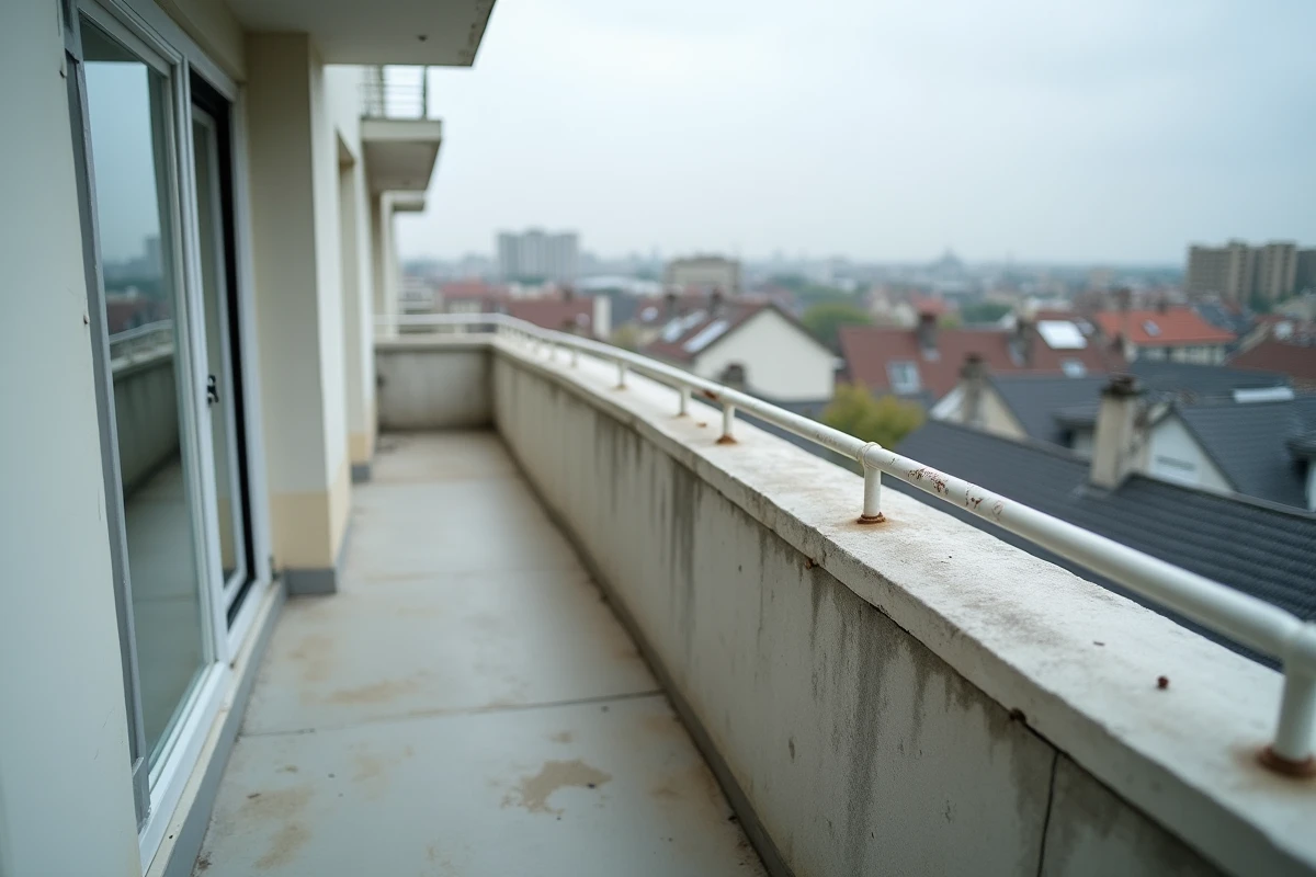 Détail en gros plan d'un balcon filant en béton avec garde-corps métallique blanc sur un immeuble d'appartements, vue en perspective frontale