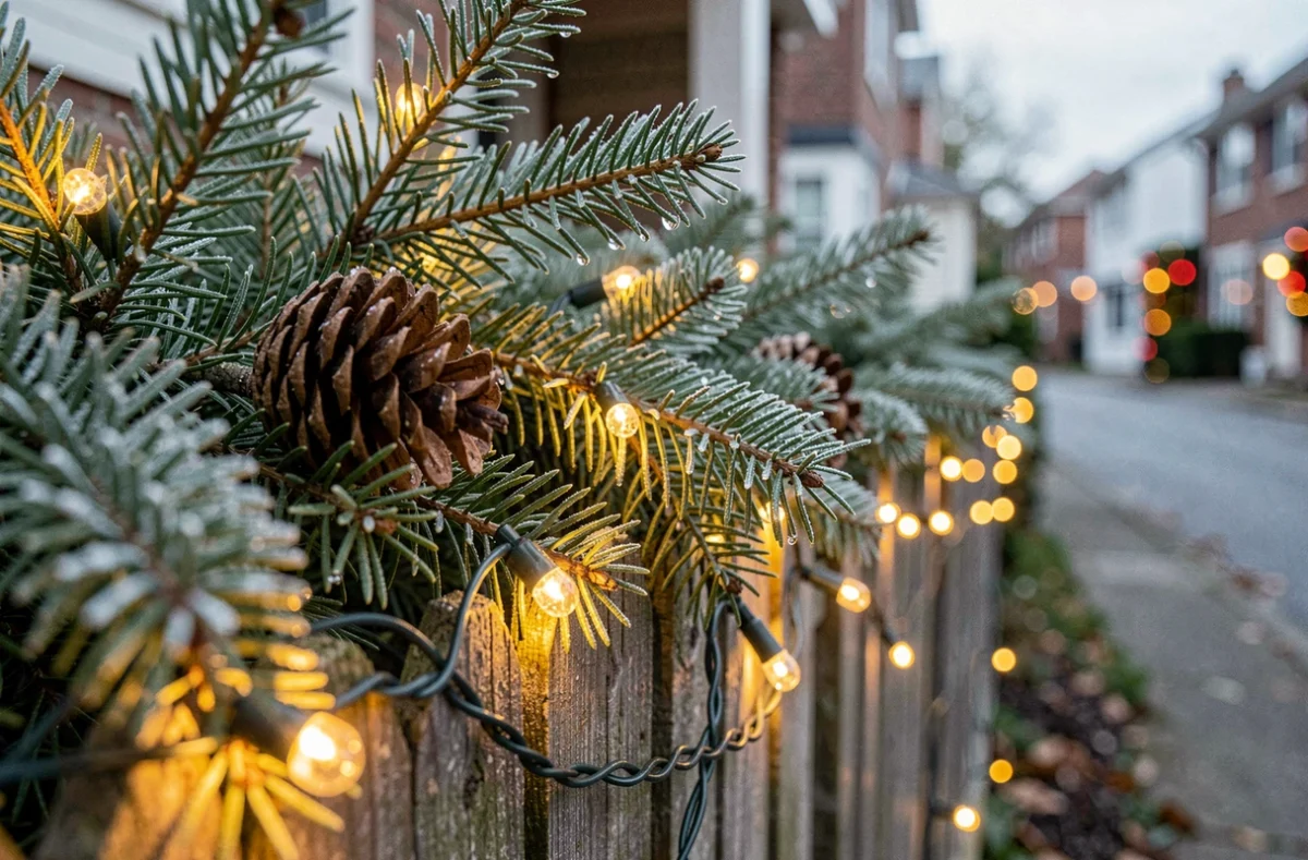 Détail de branches de sapin et guirlandes dorées sur une clôture en bois pour la décoration de Noël extérieure
