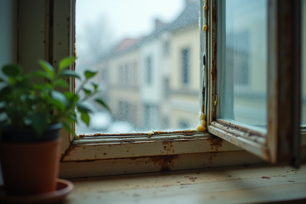Détail d'un double vitrage ancien avec condensation entre les vitres et joint silicone dégradé dans un appartement résidentiel