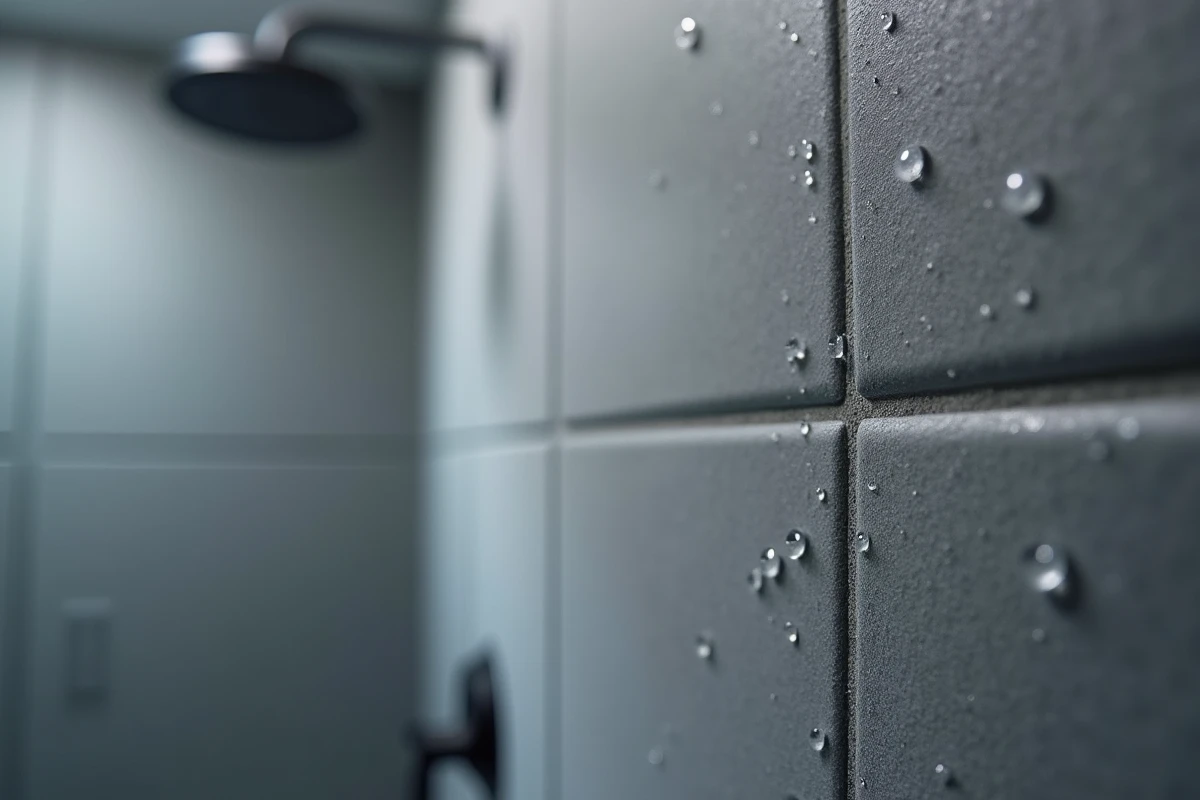 Gros plan sur le joint de deux panneaux adhésifs grande surface résistants à l'humidité dans une douche