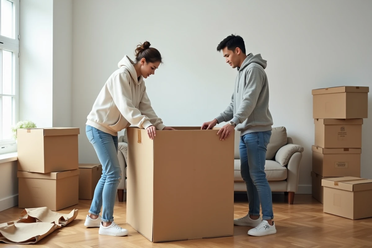 Deux personnes qui ferment ensemble un grand carton de déménagement dans un appartement vide en cours de déballage
