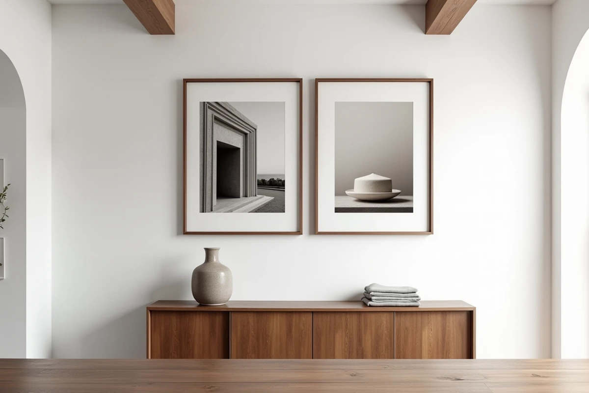 Deux tableaux empilés verticalement au-dessus d'un buffet en bois dans une salle à manger de style scandinave