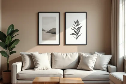 Deux tableaux encadrés disposés côte à côte sur un mur greige au-dessus d'un canapé en lin dans un salon contemporain