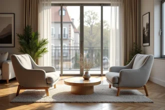 Disposition de fauteuils en vis-à-vis autour d'une table basse dans un salon moderne