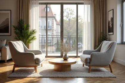 Disposition de fauteuils en vis-à-vis autour d'une table basse dans un salon moderne