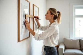 Femme mesurant la distance entre deux tableaux accrochés sur un mur blanc dans un salon scandinave