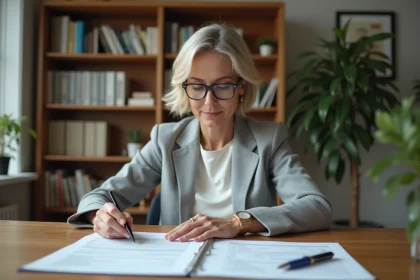 Femme consultant des documents officiels pour un transfert de courrier postal à son bureau à domicile