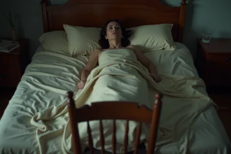 Femme allongée dans son lit regardant avec malaise une chaise placée au pied du lit dans une chambre à l'ambiance inquiétante